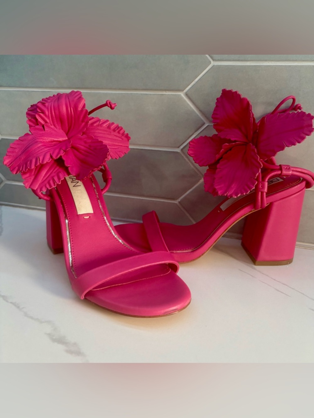 Deltan Leather Flower Embellished Heeled Sandals in Hot Pink